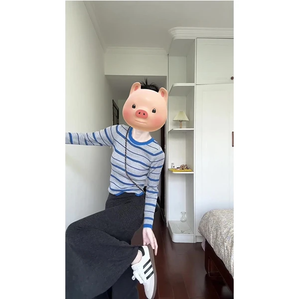 春秋新款蓝灰条纹修身弹力长袖打底T恤百搭弹性修身圆领上衣