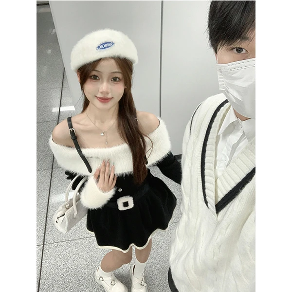 富家千金小香风一字肩针织连衣裙女春秋冬高级感气质毛衣裙小个子