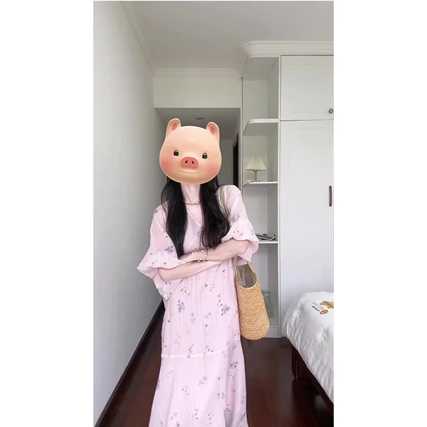 2024新款温柔风甜美印花设计a字吊带连衣裙女夏法式宽松休闲长裙