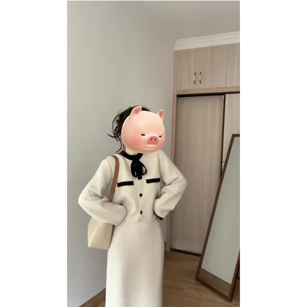 领口蝴蝶结针织开衫女毛衣秋冬韩系小香风短款上衣外套