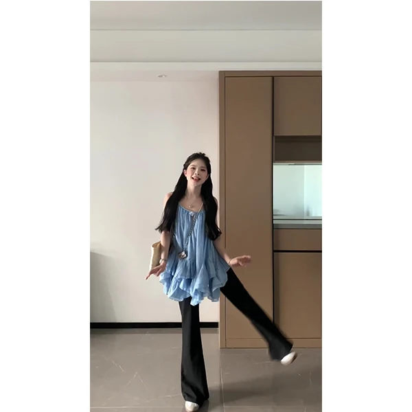 度假风夏季露背海边度假蛋糕吊带背心黑色高腰长裤慵懒风套装