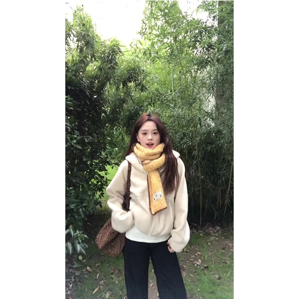 2024秋冬新款慵懒风连帽羊羔毛外套牛仔长裤两件套装女