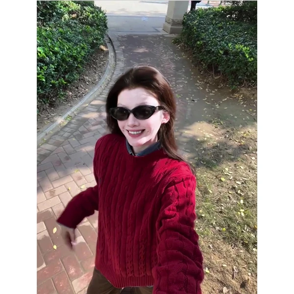 高级感圣诞红色麻花毛衣女秋冬慵懒内搭打底新年针织衫长裤套装