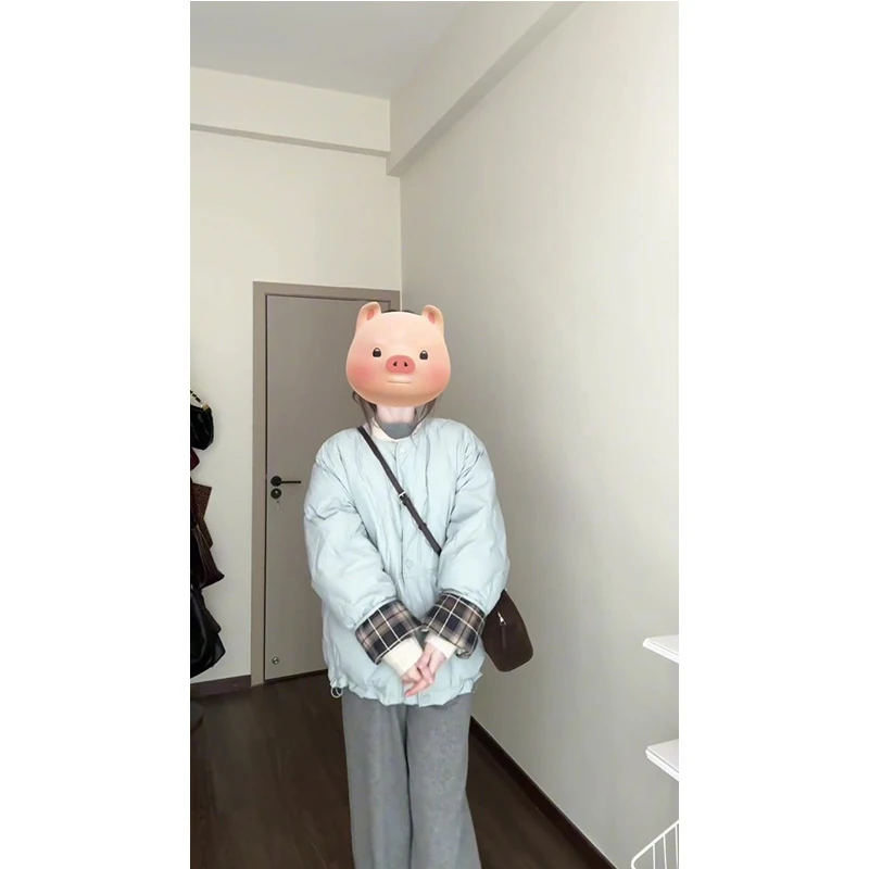 蓝色格纹拼接羽绒服女冬季新款韩系高级感小个子外套长裤两件套装