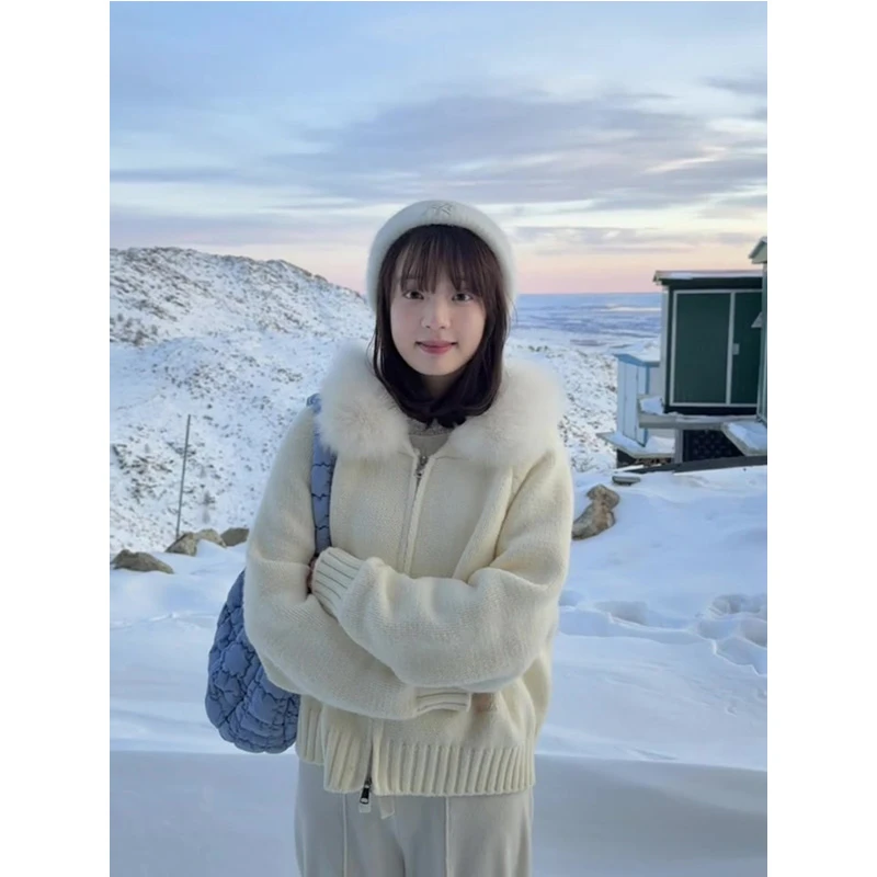 韩系白色毛领连帽针织毛衣外套女秋冬慵懒风拉链上衣长裤两件套装