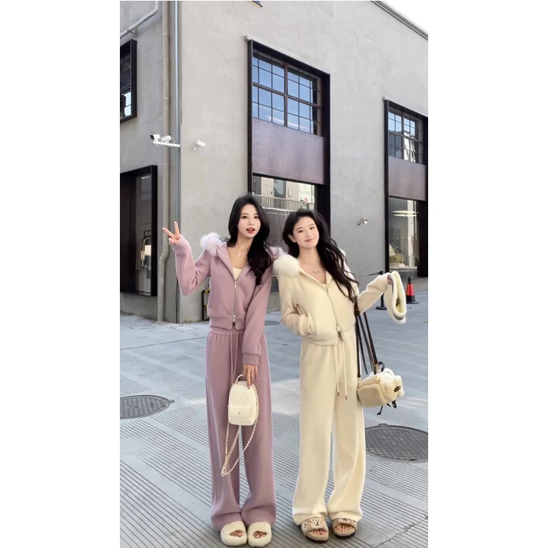 温柔系穿搭秋冬新款休闲慵懒感毛领卫衣开衫外套女长裤两件套装