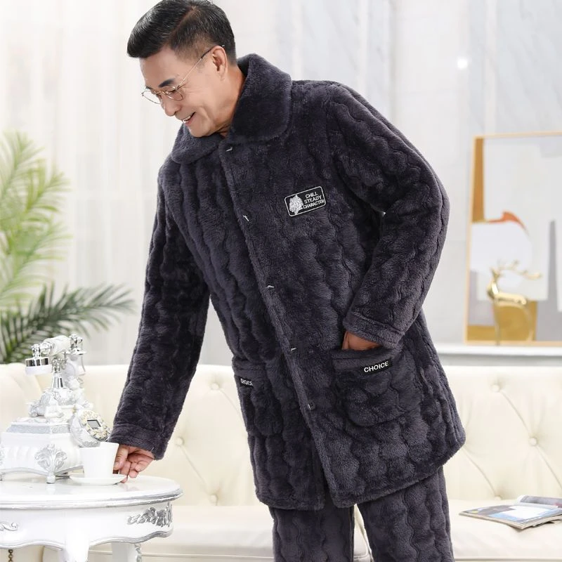 中老年睡衣男冬加厚加绒三层夹棉袄爸爸保暖加肥加大码家居服套装