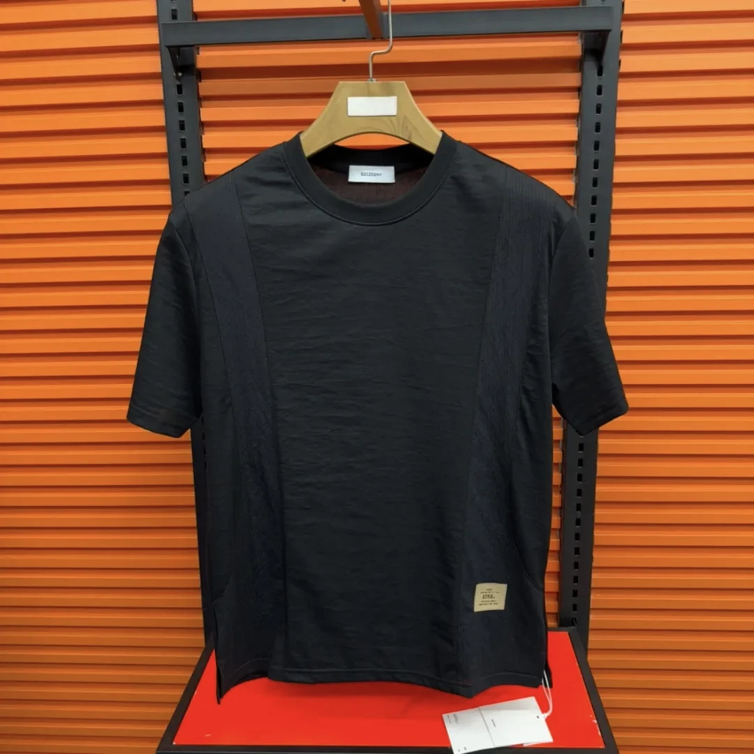 夏季新款男士休闲时尚百搭轻奢经典拼接纯色圆领夏季短袖上衣