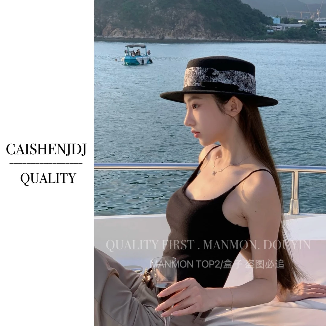 Manmon`高品质/定制款羊毛礼帽秋冬名媛风帽子女平檐丝绒礼带