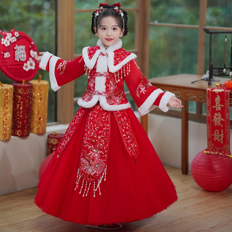 拜年服女童冬季儿童汉服冬款新年衣服喜庆唐装秋冬2024龙年过年服