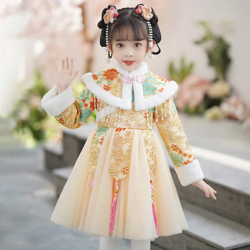女童汉服喜庆冬季新年中国宝宝新款拜年儿童加绒裙子加厚过年