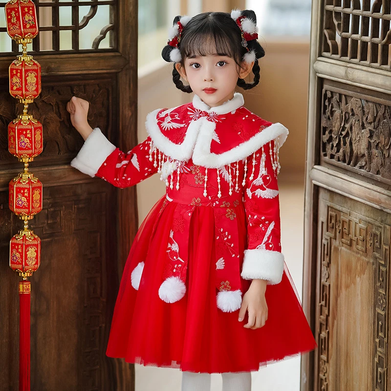 女童汉服冬装拜年服儿童中国风唐装冬季小女孩新年服裙古装连衣裙