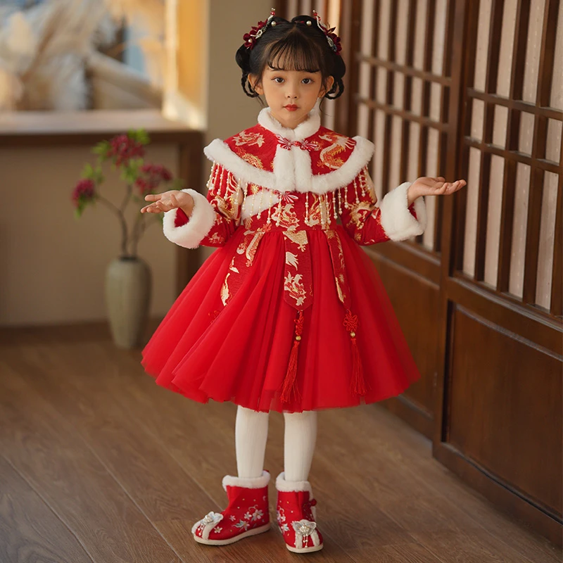 女童拜年服冬装2024龙年新年汉服儿童过年加绒中国风唐装连衣裙冬
