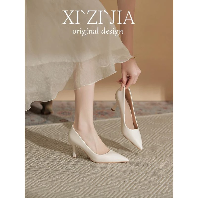 面试正装软皮高跟鞋春秋气质米白色职业上班鞋女细跟尖头单鞋