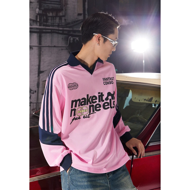 【QQ炫舞联名】NO ONE ELSE美式复古女装秋季男女撞色翻领印花T恤