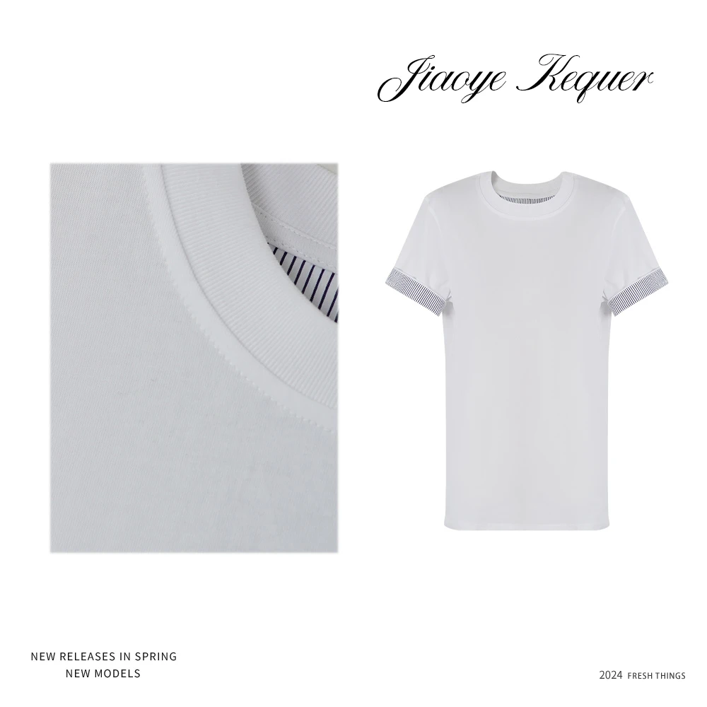 JiaoyeKequer【现货】棉新款圆领时尚条纹T恤女休闲短袖上衣W5011