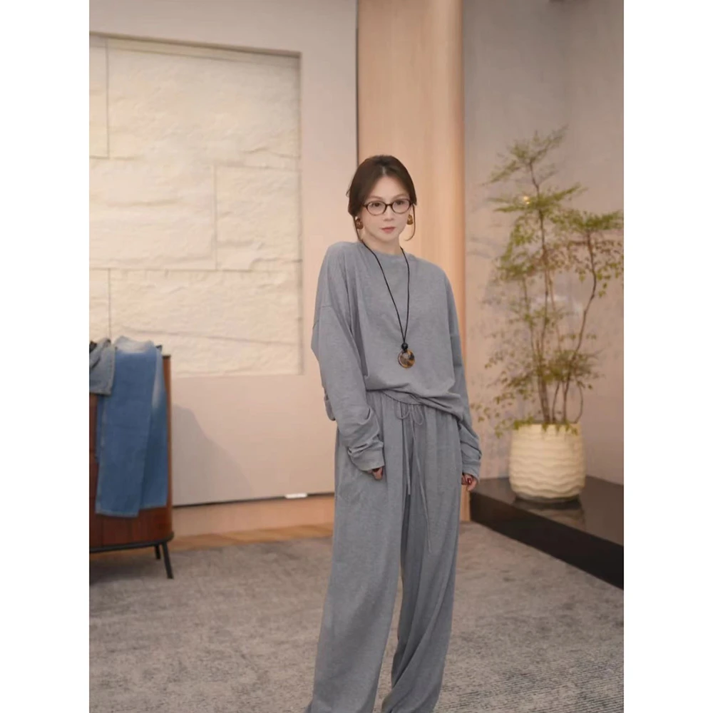 SHIIEELL纯棉抽绳垂感休闲裤女慵懒风阔腿拖地长裤高腰裤子 Z7327