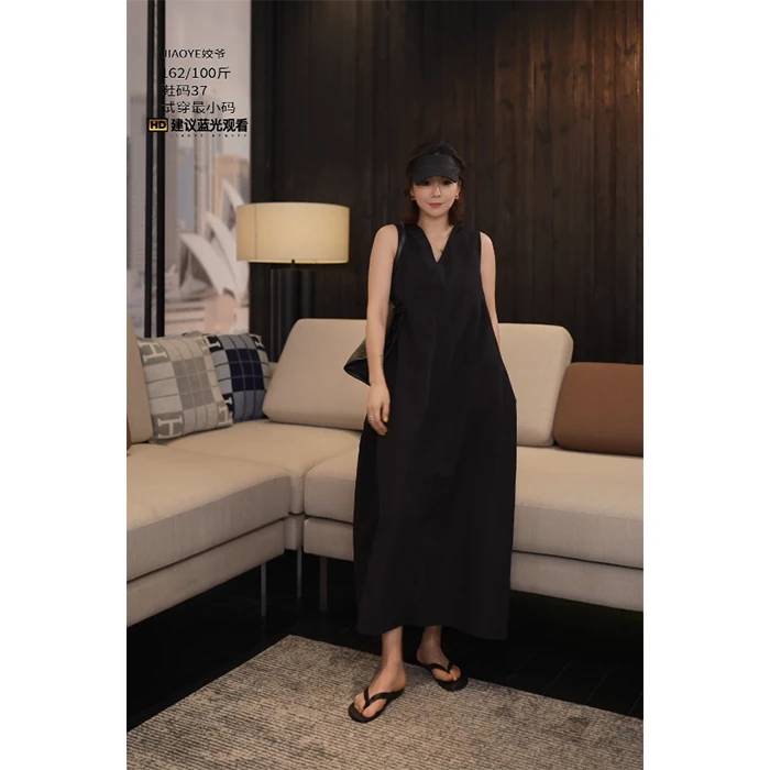 JiaoyeKequer纯棉V领显瘦无袖连衣裙休闲气质中长款宽松裙子Z5185