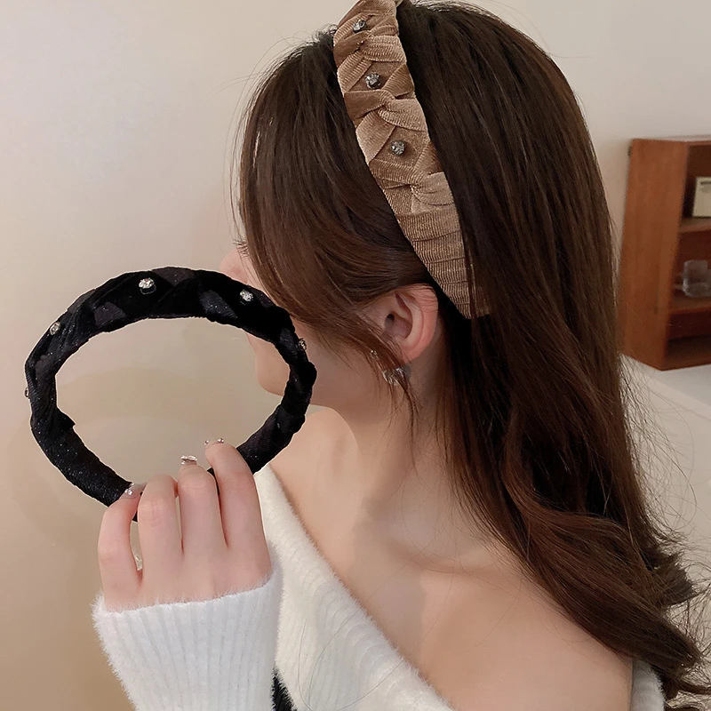 尚倪美拉德丝绒镶钻编织交叉发箍法式高级感宽边压发头箍新款发饰