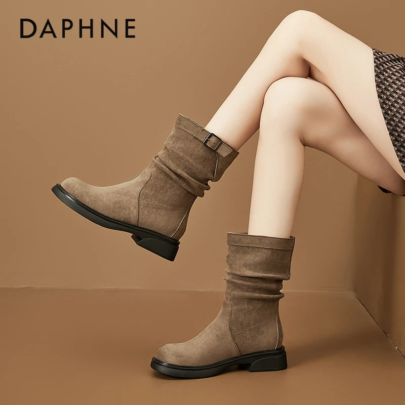 达芙妮棕色短靴女2024新款秋冬季复古西部靴美拉德靴子厚底骑士靴
