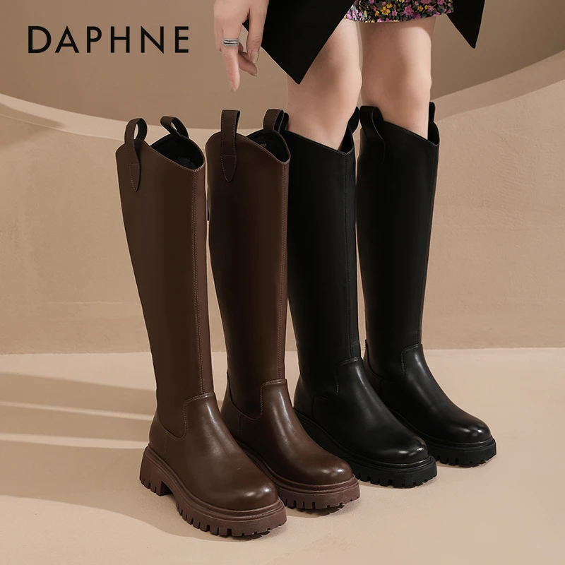 达芙妮黑色V口长筒靴女2025年新款高筒靴不过膝厚底长靴女小个子