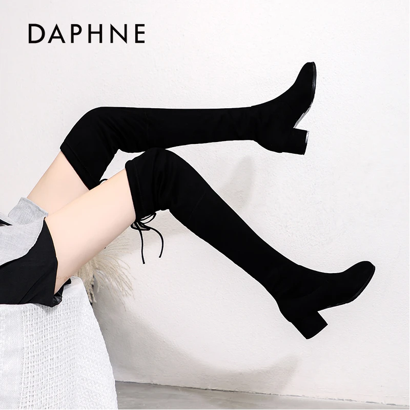 Daphne/达芙妮【3/5/7公分】过膝长靴女秋冬季绒面瘦瘦靴粗跟加绒