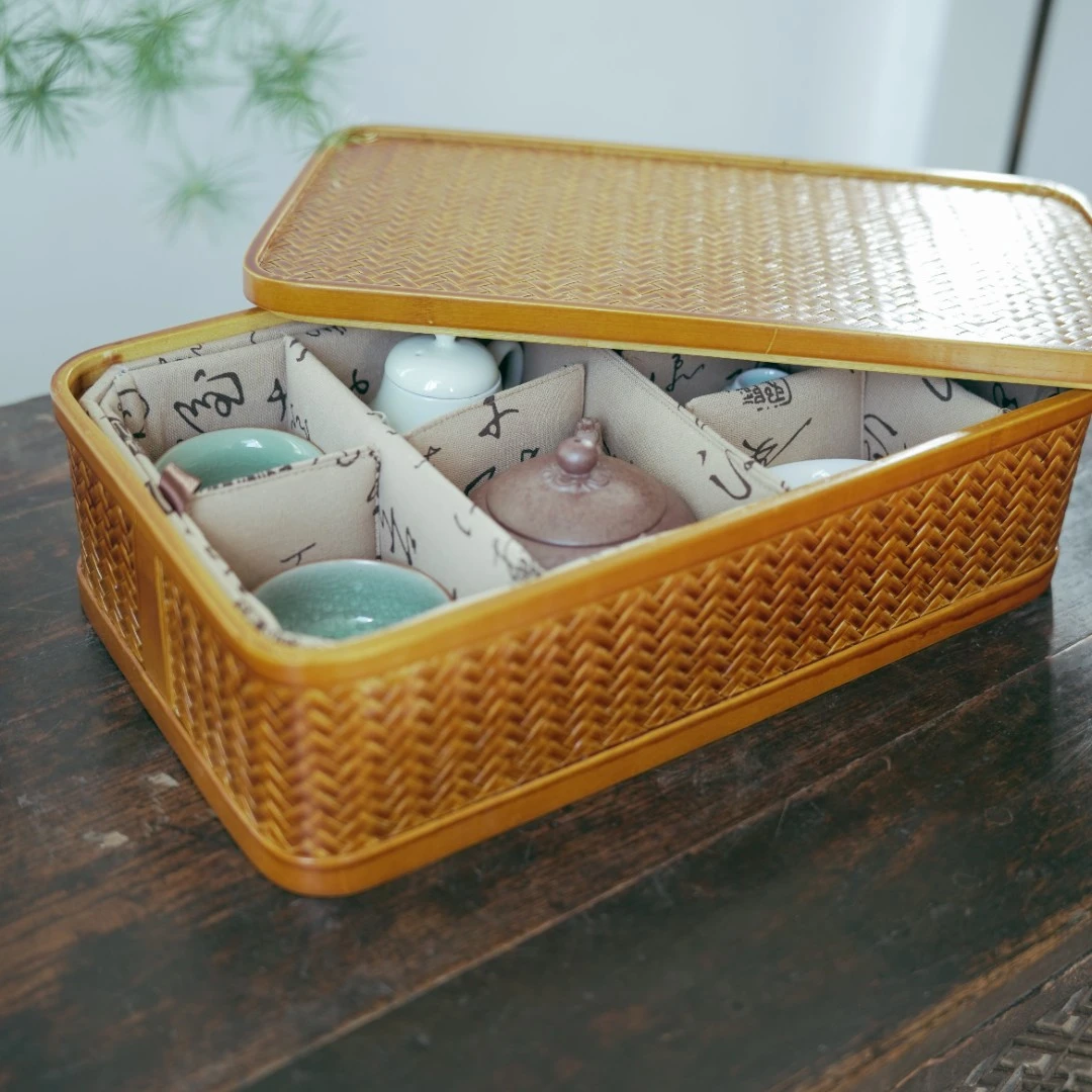 夏岚竹编收纳盒茶具收纳箱带内衬
