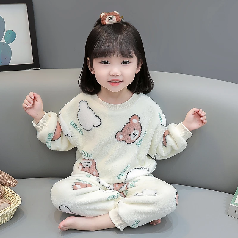 秋冬季儿童法兰绒睡衣女童宝宝珊瑚绒家居服小童加厚洋气冬款套装