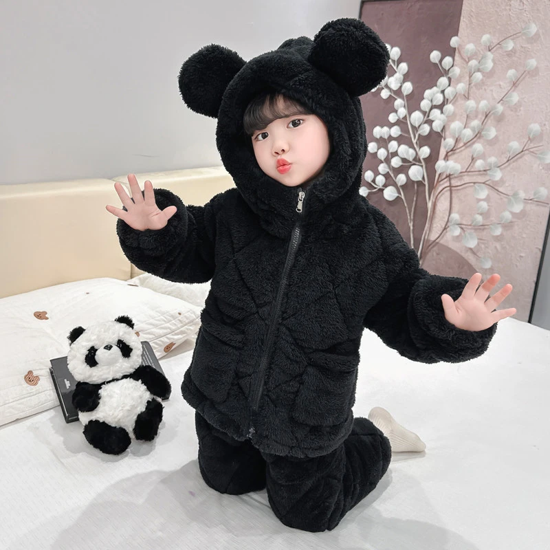 冬款儿童睡衣女孩2024新款秋冬季女童加绒加厚珊瑚绒三层夹棉套装
