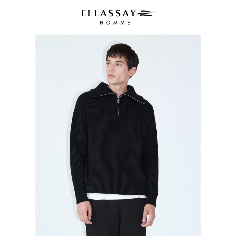 ELLASSAY歌力思男装秋冬绵羊毛复古拉链大翻领针织衫EME334M00800