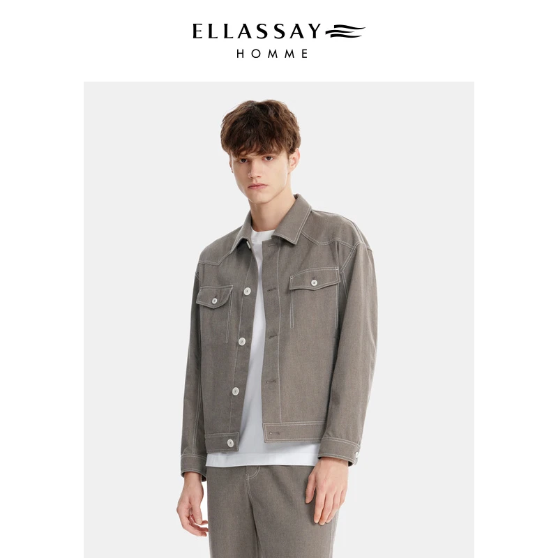 ELLASSAY歌力思男装新款全棉色纺棉宽松牛仔外套男EME343T02900