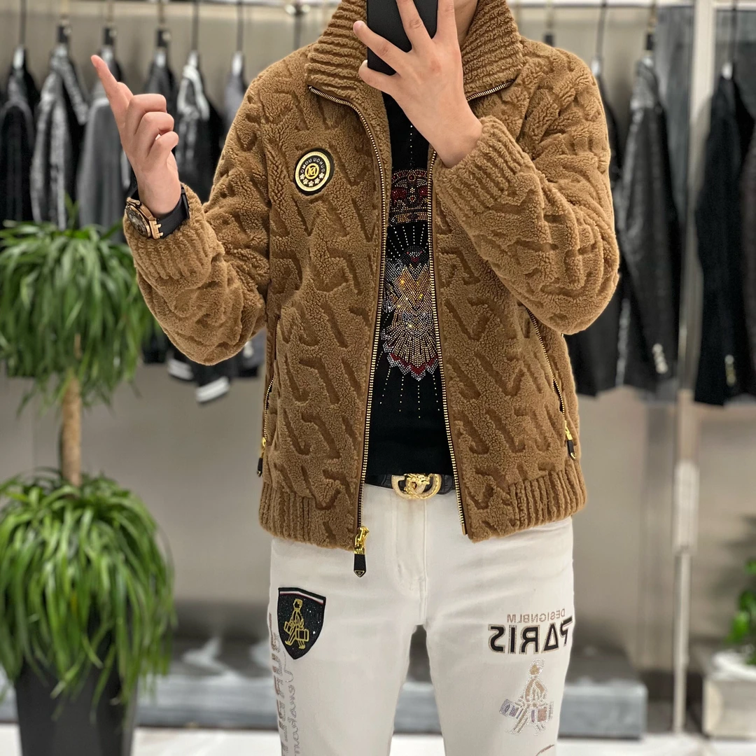 【男狼甄选】男士绵羊毛雕花百搭修身时尚潮流冬季新品立领 夹克
