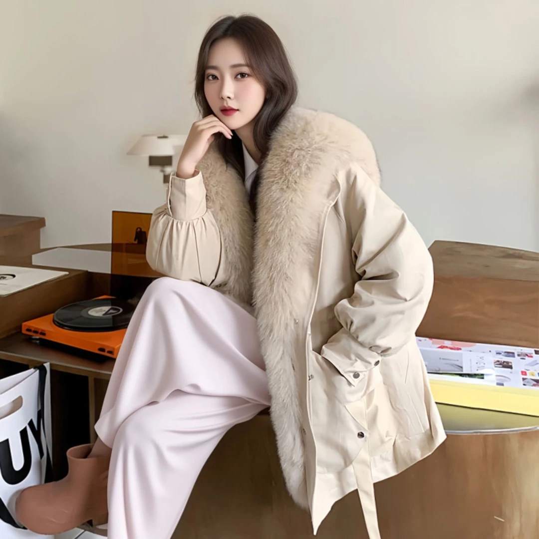 【出水芙蓉】新款海军领派克服女时尚韩版皮草外套狐狸毛领獭兔内胆