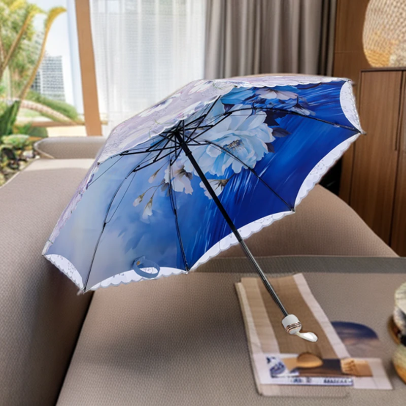 太阳伞防晒防紫外线双层刺绣雨伞女晴雨两用折叠彩胶公主遮阳洋伞