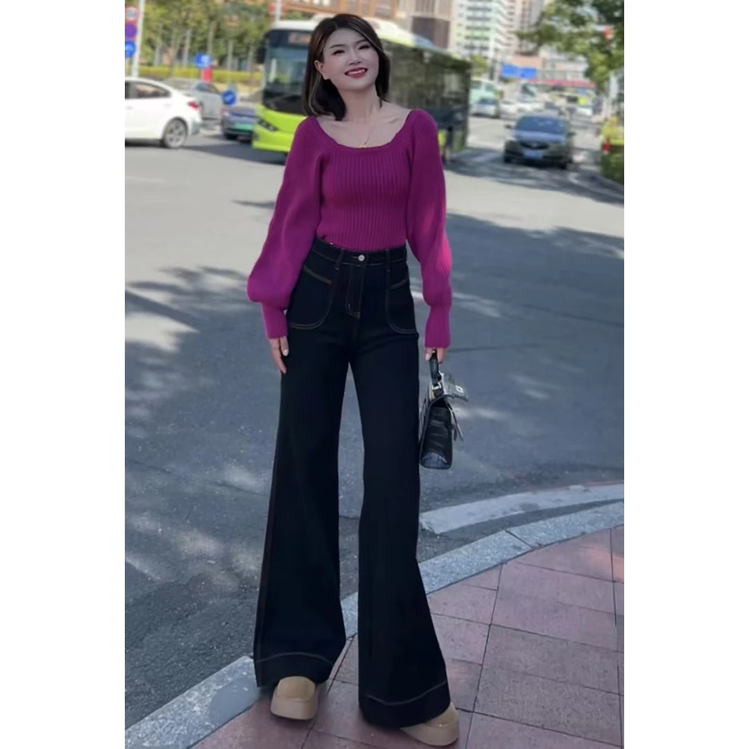 单裤/加绒三本针高腰阔腿微喇牛仔裤女2024年秋季新款显瘦9766