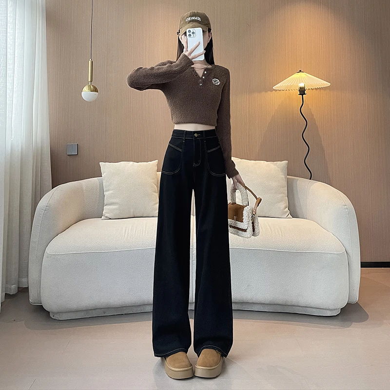 单裤/加绒三本针高腰阔腿牛仔裤2024年秋季新款显瘦阔腿裤9763