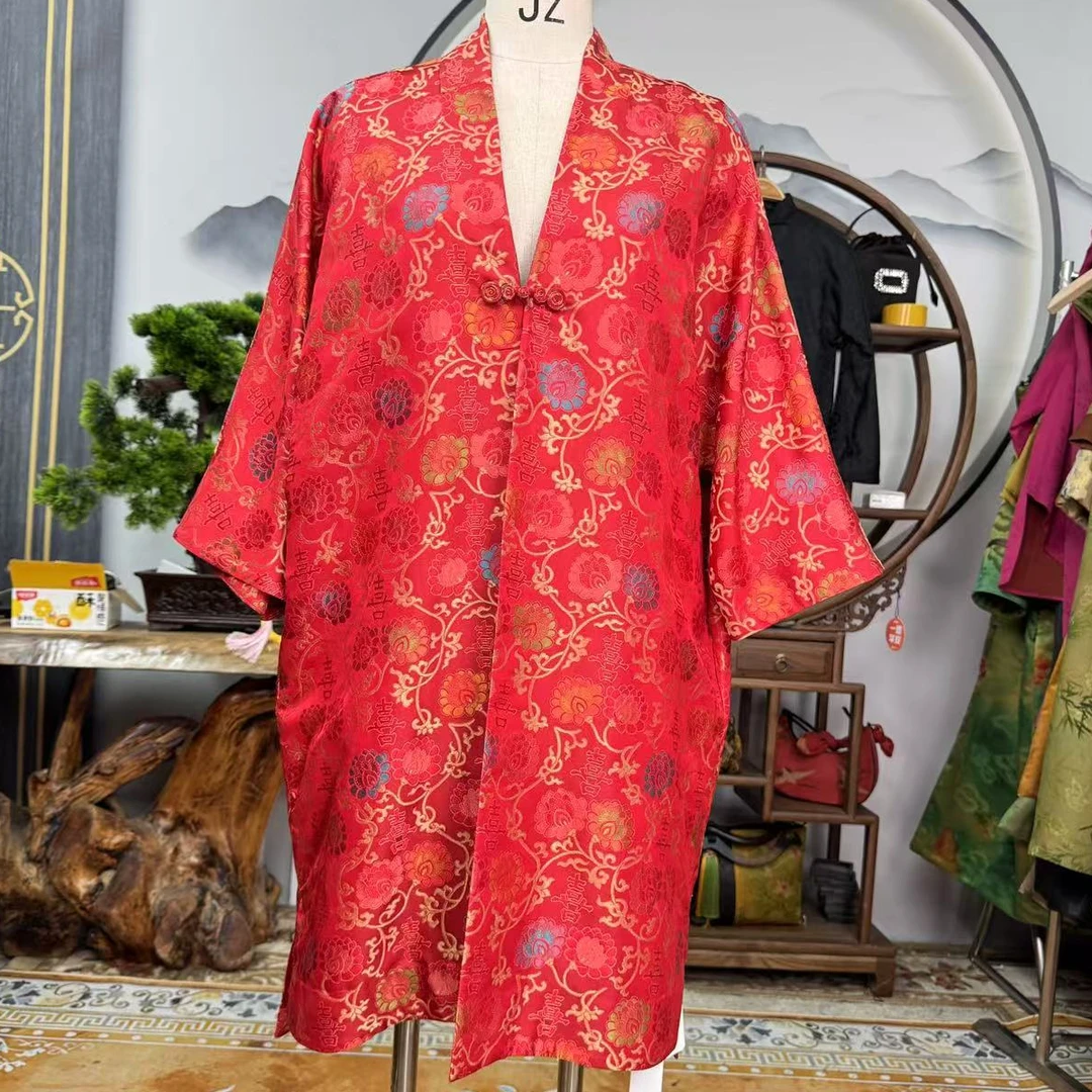 红色宋锦风衣100桑蚕丝香云纱面料缝制中国风