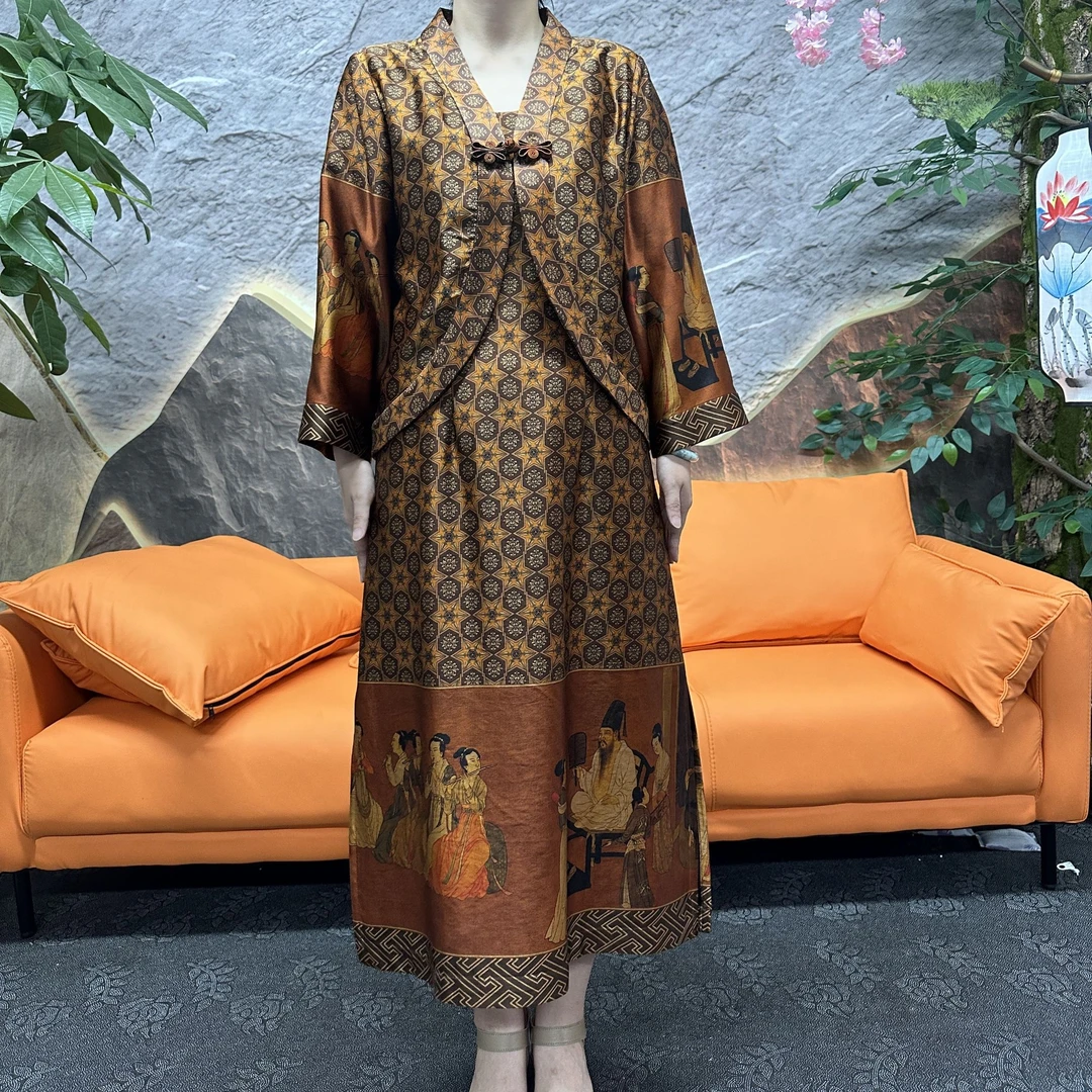 60姆米重锻韩熙载夜宴图两件套100桑蚕丝香云纱气质袍子缝制国风