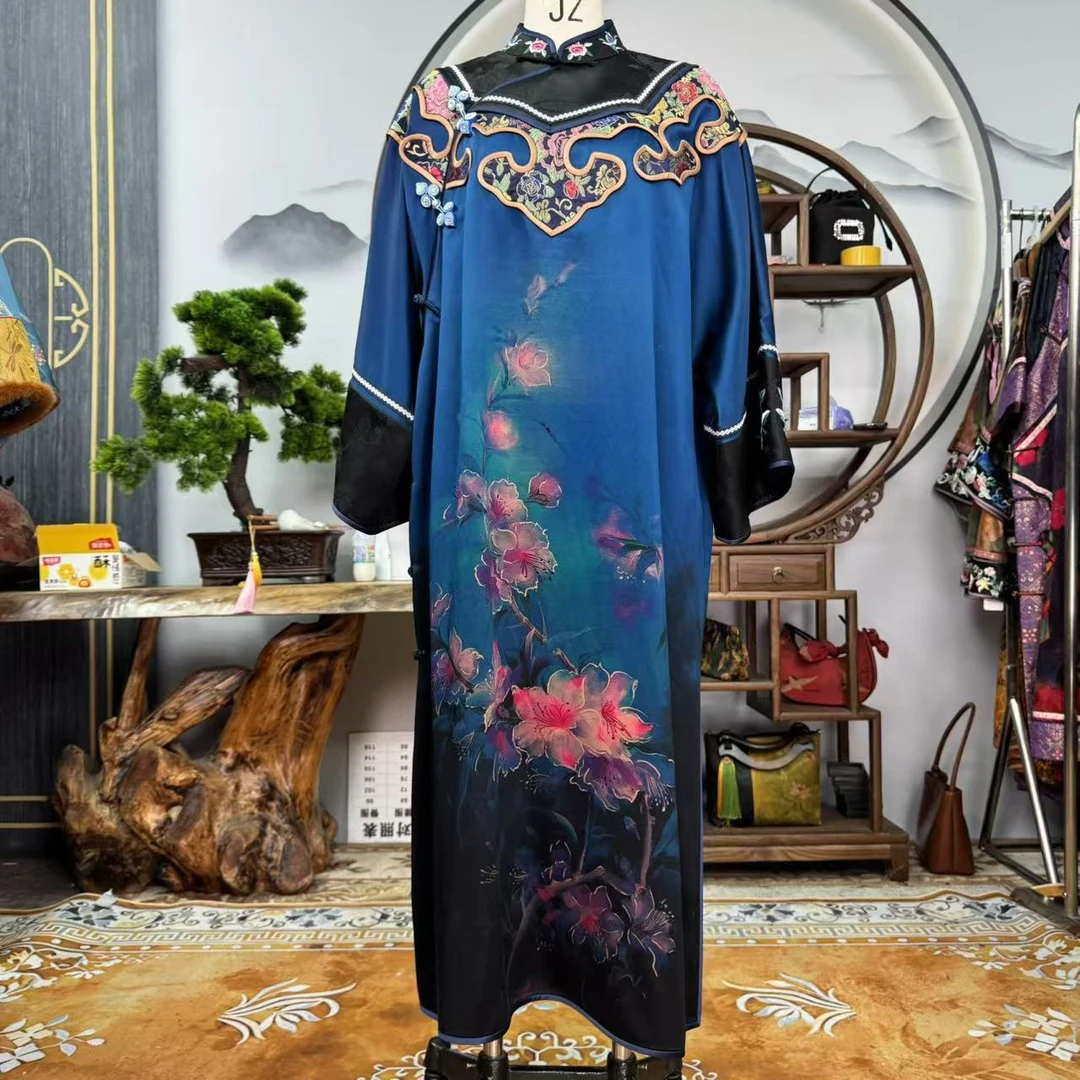 60姆米重锻蓝色玉兰花妆花云锦手推绣袍子100桑蚕丝款
