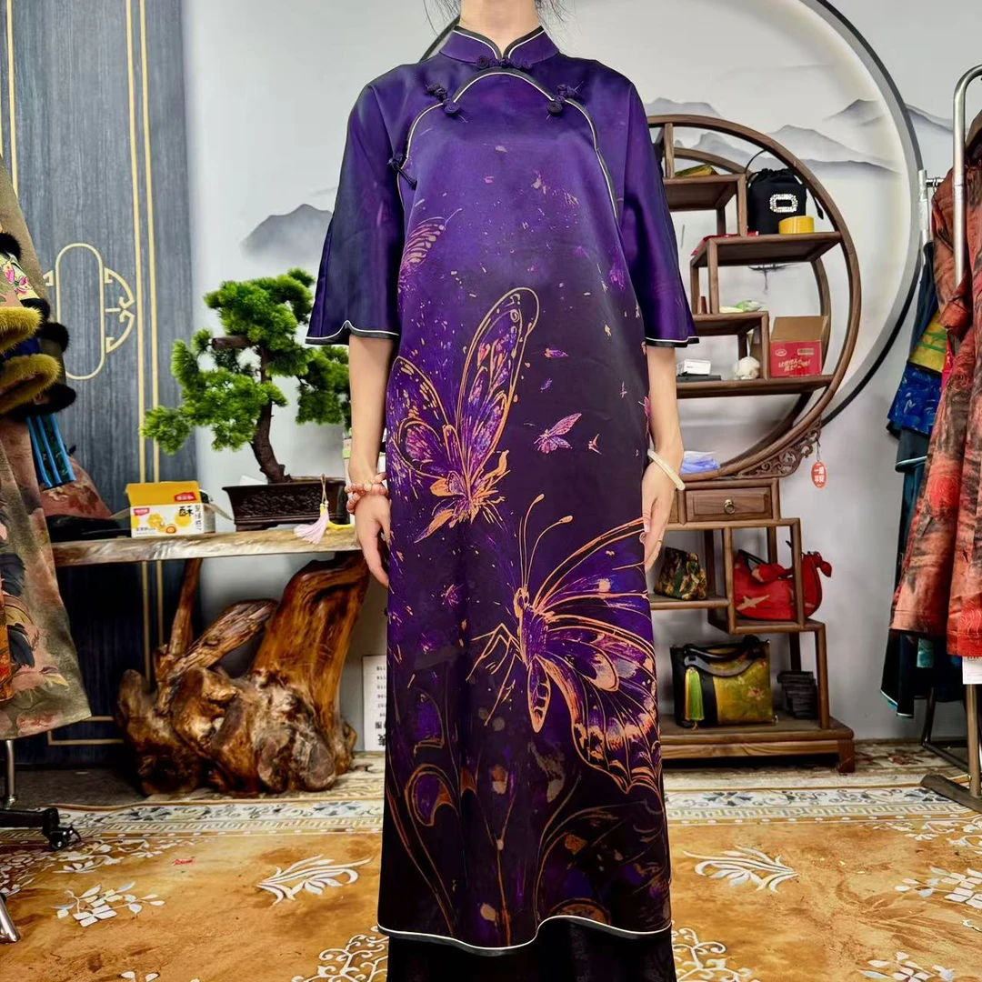 60姆米紫色蝶恋花全开襟袍子100桑蚕丝香云纱面料缝制中国风