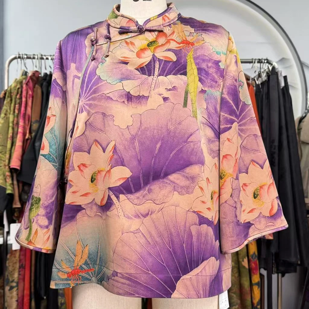 60重缎姆米紫色荷塘月色富婆衫100桑蚕丝款