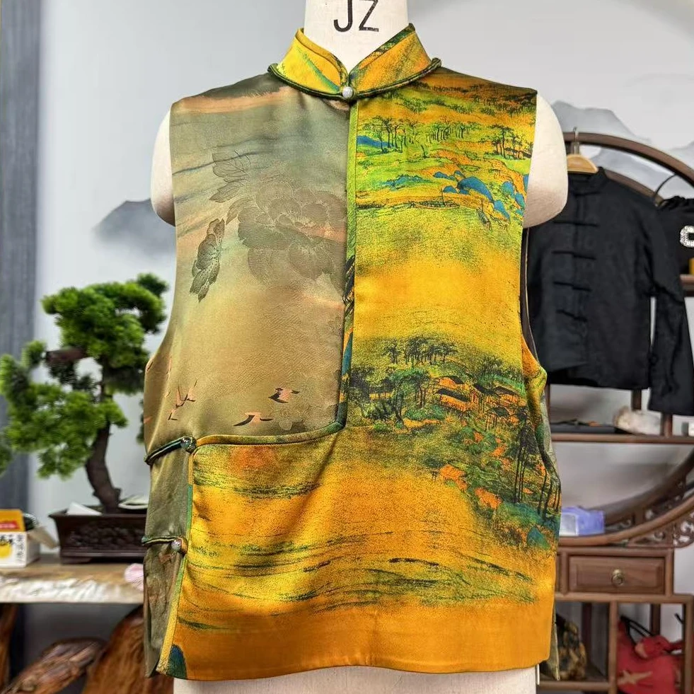 60姆米千里江山马甲100桑蚕丝香云纱面料缝制中国风