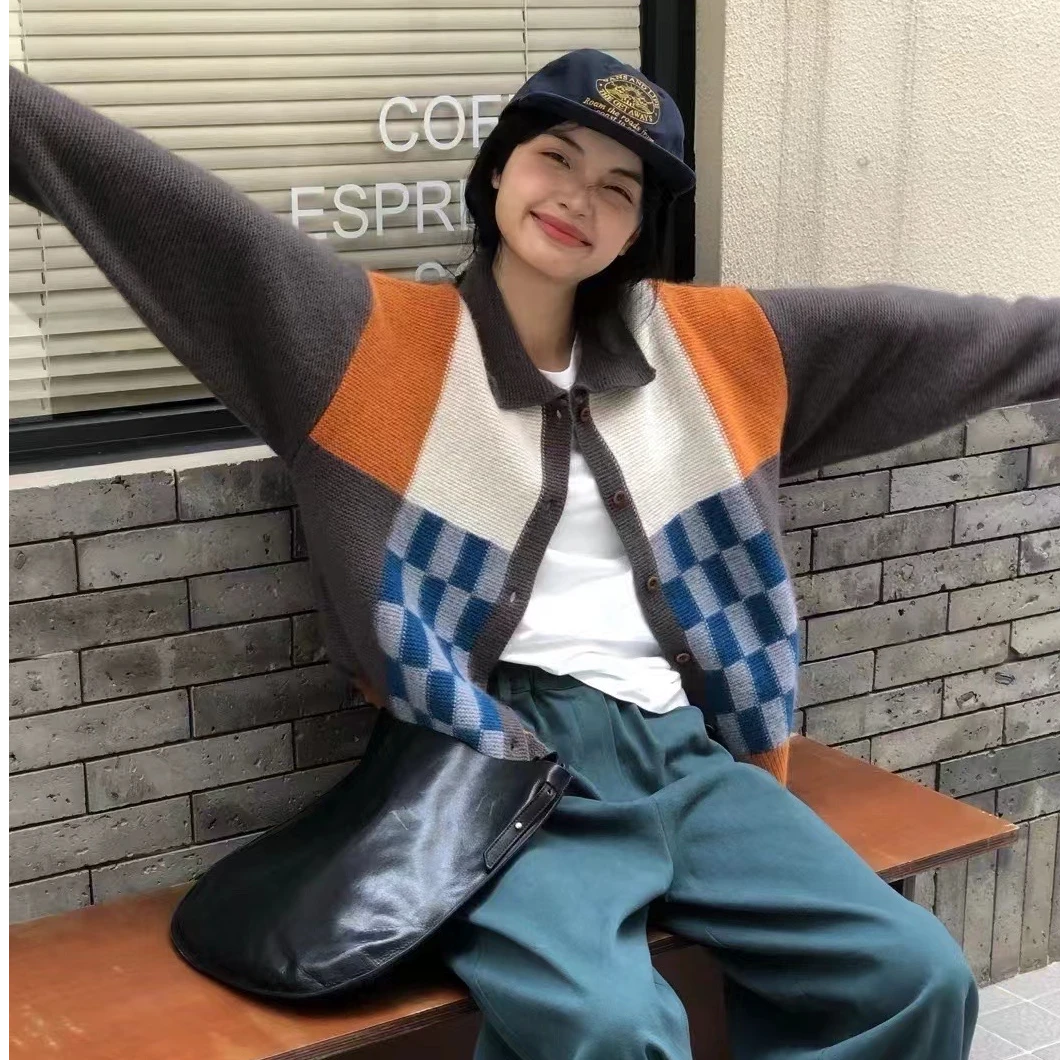 1188/韩ins小众设计洋气撞色格子拼接polo领女上衣毛衣开衫外套