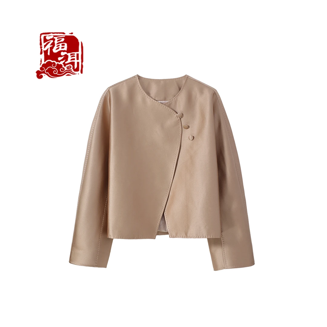 福洱“金九”新中式斜襟上衣国潮女装时尚圆领长袖宽松短外套307019