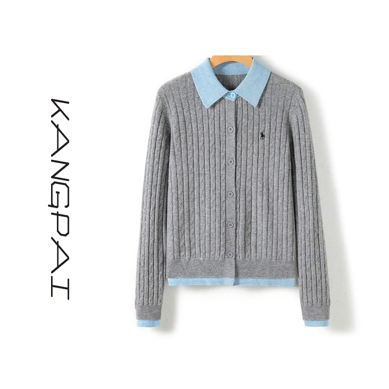100%进口美丽诺绵羊毛时尚百搭休闲纯色Polo领秋冬打底长袖开衫