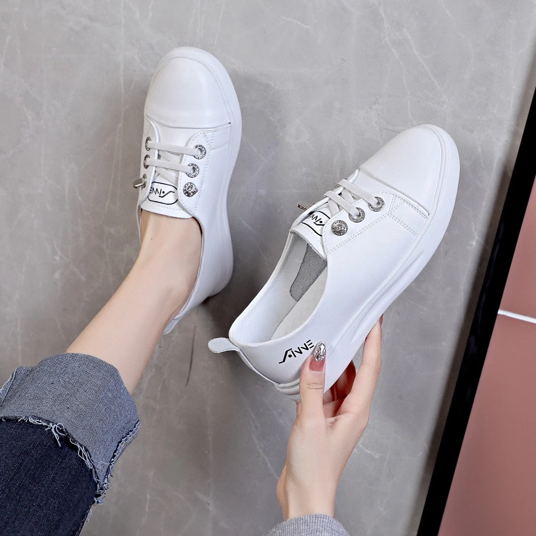 【闻二姐专属】春夏浅口真皮平底小白鞋女新款百搭王