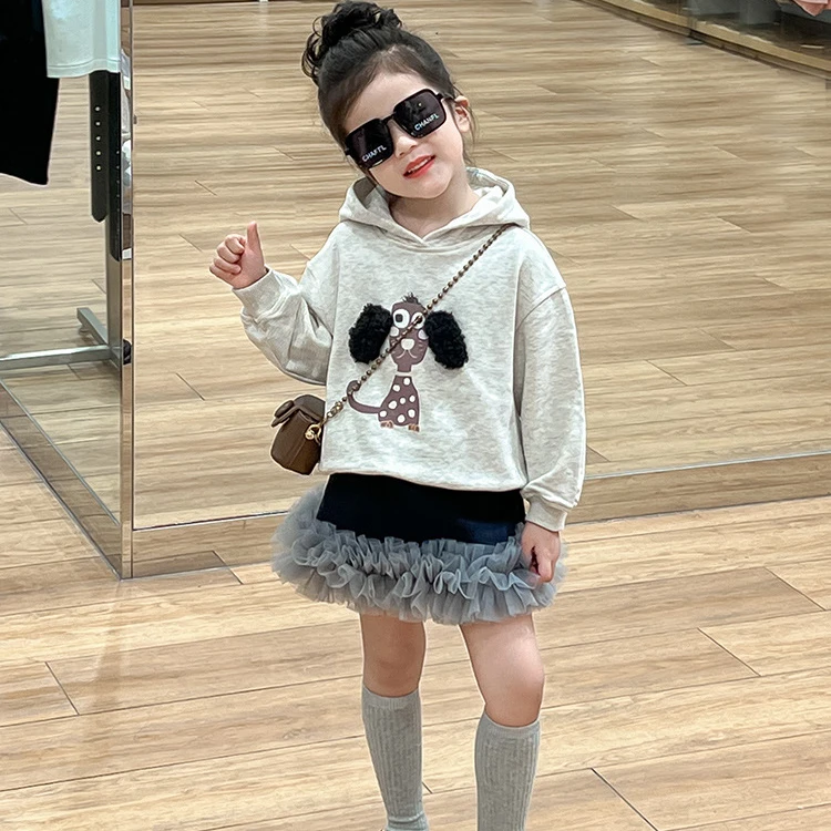 女童卡通套装2024秋季新款女孩可爱小狗连帽卫衣洋气时尚蓬蓬短裙