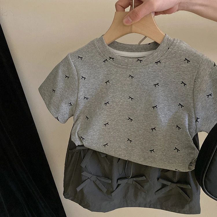 韩版蝴蝶结印花T恤2024夏新款简约上衣工装立体蝴蝶结半身裙套装