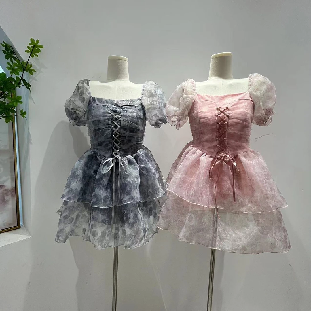 W00681蓬蓬裙水墨色显高泡泡袖公主裙仙气短裙仙女裙可爱甜美蛋糕
