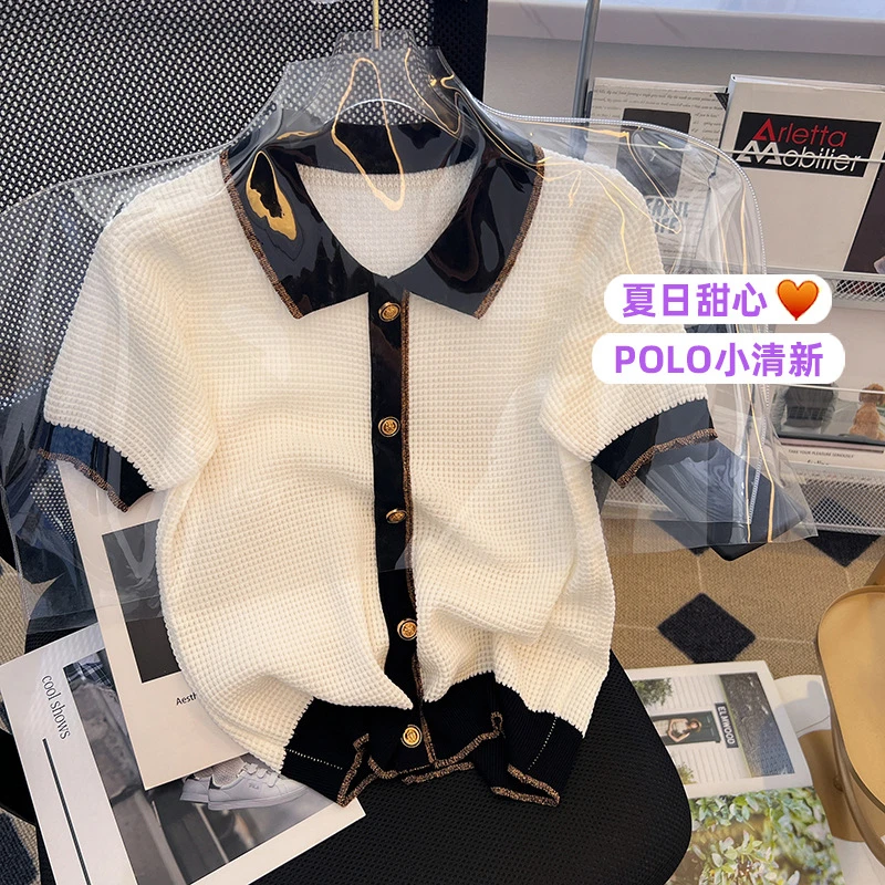 AMAS专柜同款夏季新款百搭Polo领小香风短袖气质上衣显瘦T恤薄款